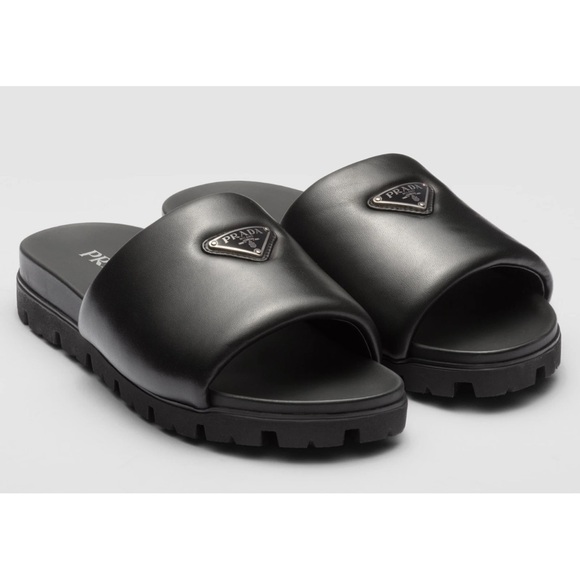 Prada Black Nappa Soft Puffy Padded Leather Logo Slide Sandal Flat UK 10 US 11 - Picture 1 of 16